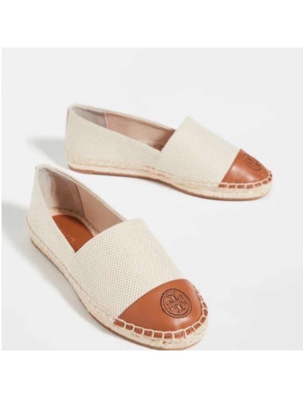 Tory Burch Canvas Espadrilles with Leather Logo Cap, Size 9